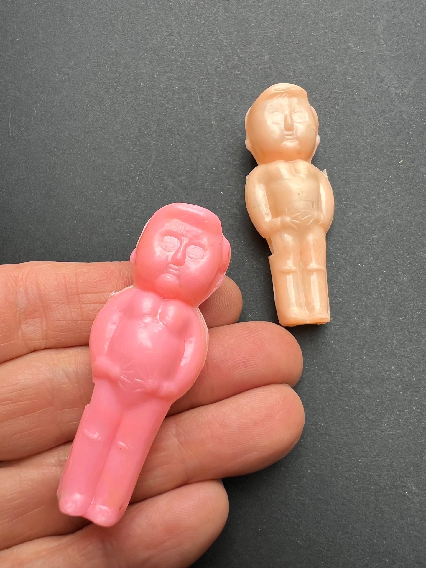 Exceptionally Scary Vintage Whistles .. Naked Figures with Blank Eyes, LONG Fingers + Flat Heads