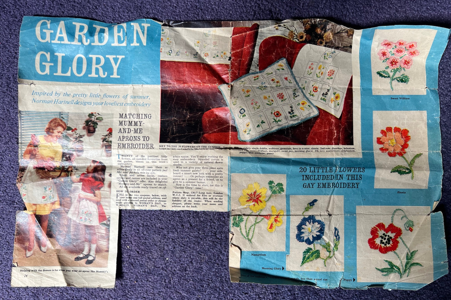 1950s Norman Hartnell "Garden Glory" Designs in Womens Day - Chair Backs, Cushion Cover, Runner and Aprons.