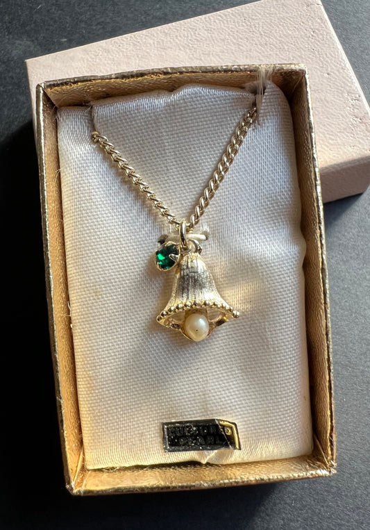 Sweet Bell, Cultured Pearl and Green Crystal Necklace in Original Box