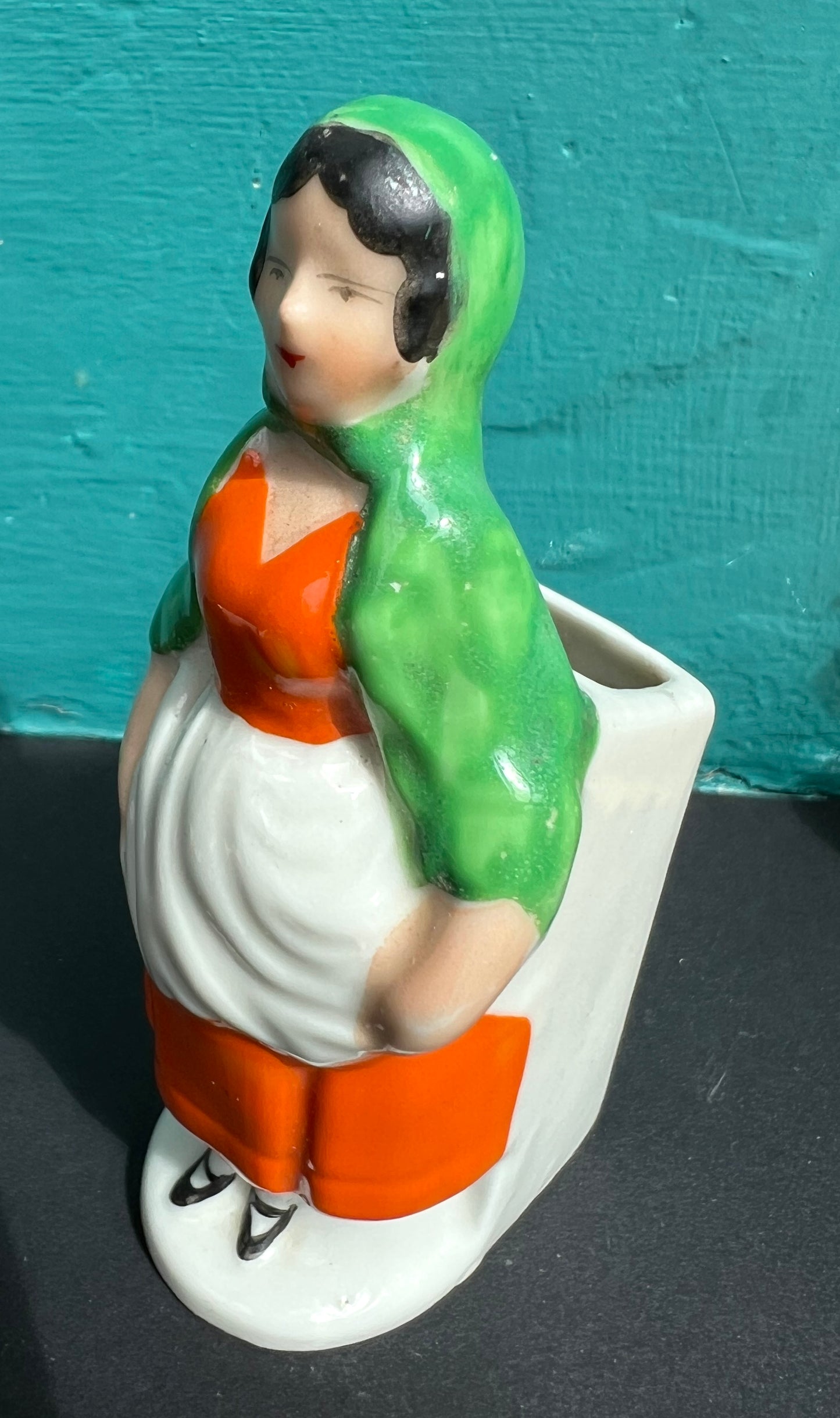 Beautiful Hand Painted 1920s Country Maiden Ceramic Toothbrush Holder