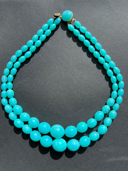 Vintage Blue Bead Double Strand Necklace