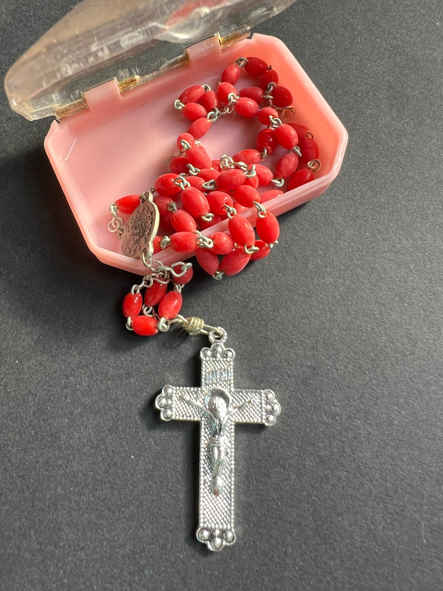 Vintage Glass Rosary Beads in Travel Cases - Blue, Red or Pink