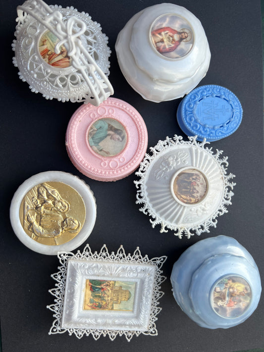 8 Ornate Vintage Catholic Plastic Containers.