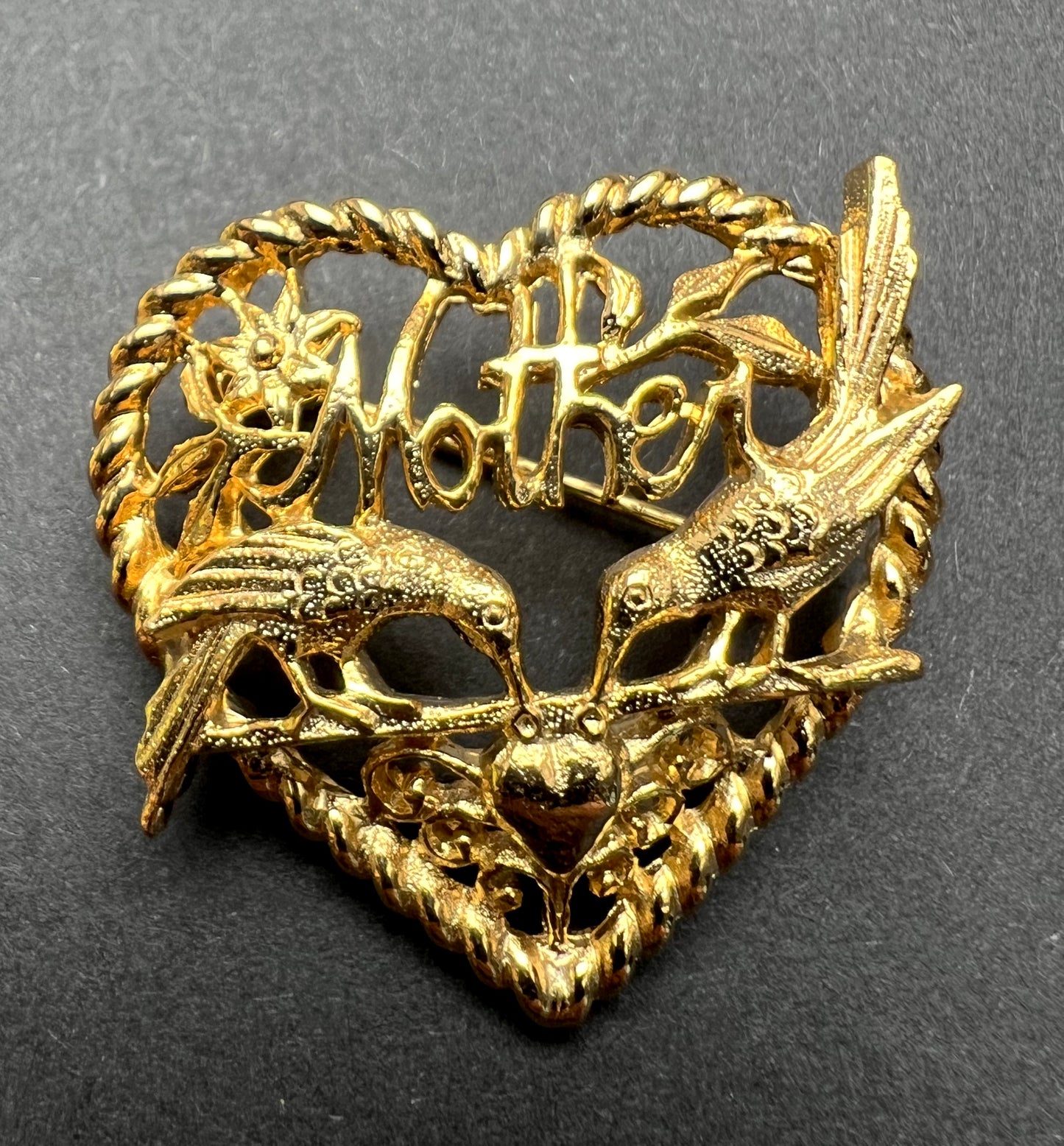 Golden Birds on Heart Shaped Vintage MOTHER Brooch