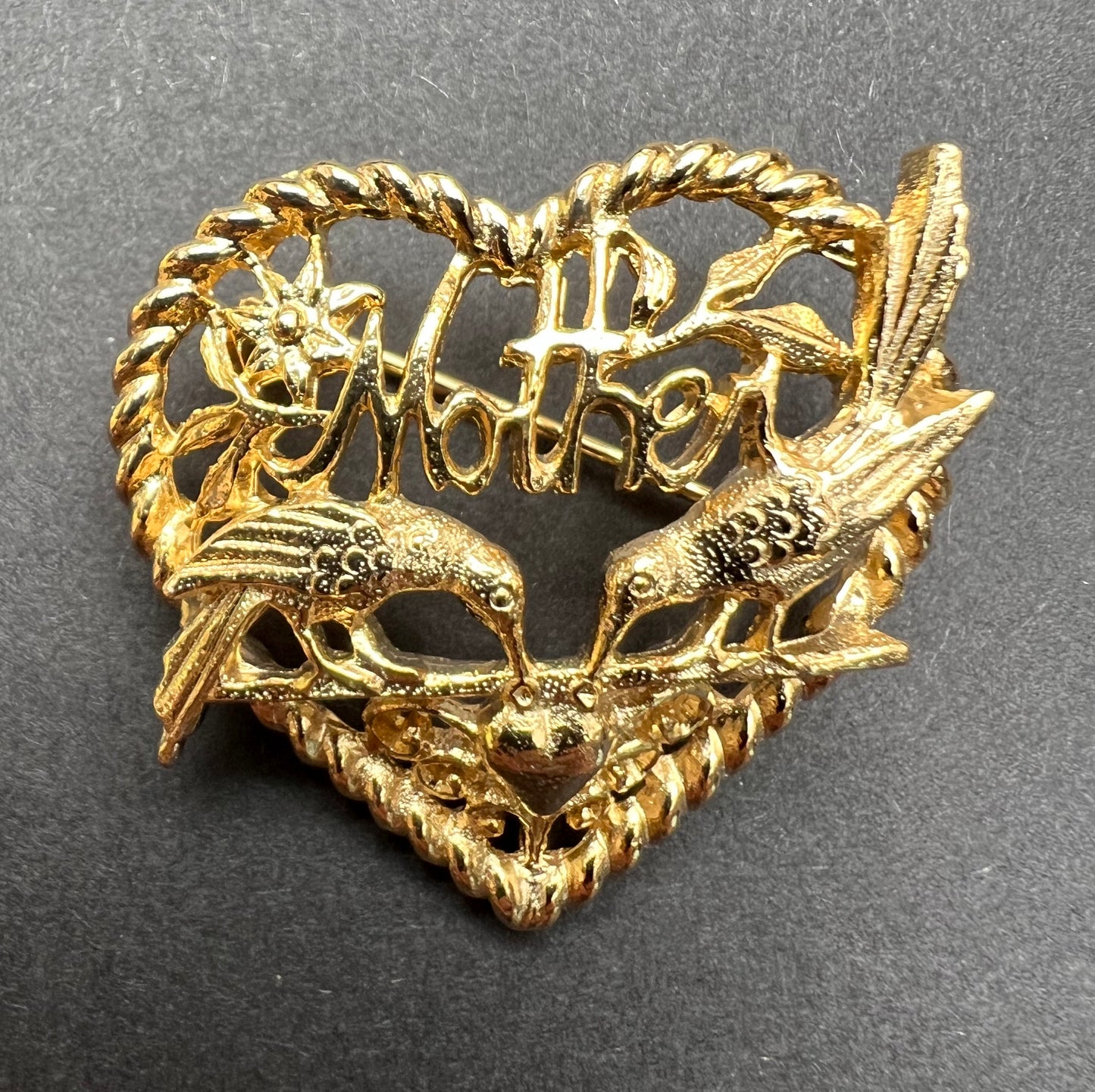 Golden Birds on Heart Shaped Vintage MOTHER Brooch