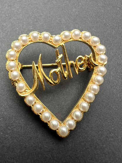 Gold and Pearls Heart Shaped Vintage MOTHER Brooch