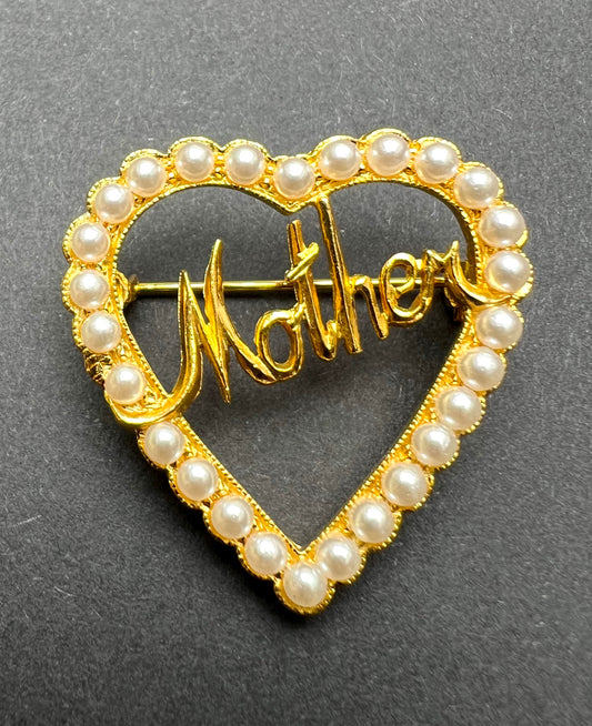 Gold and Pearls Heart Shaped Vintage MOTHER Brooch