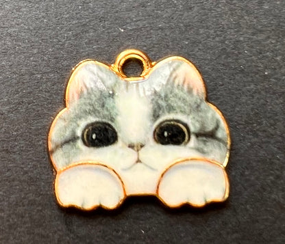 Fluffy Grey and White Kitten 1.7cm Enamel Charms