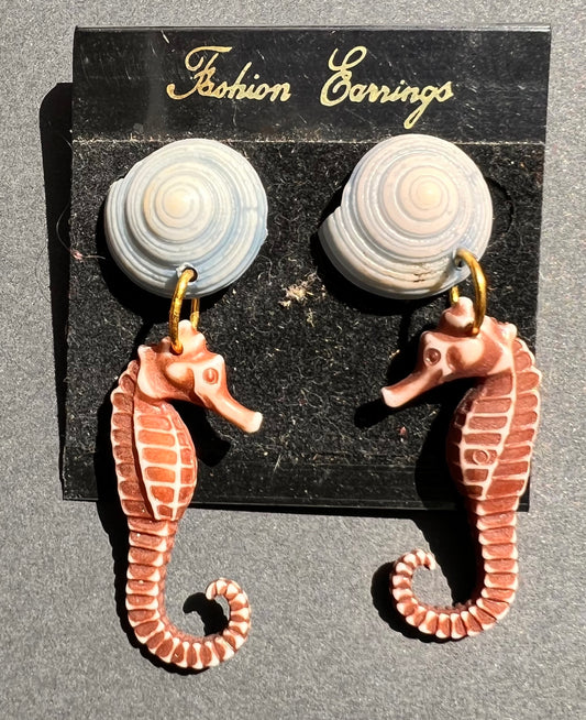 Big 1980s Seahorse and Seashell Earrings