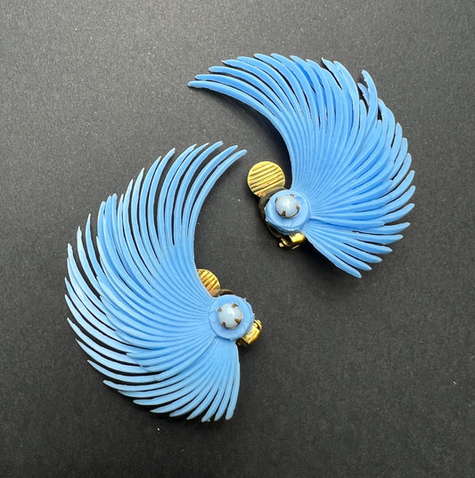 A Dynamic Blue Swoosh of an Earring...Vintage 1950s Clip-on Earrings