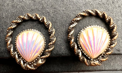 Delightful Iridescent Seashell Vintage Clip On Earrings