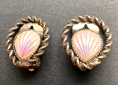 Delightful Iridescent Seashell Vintage Clip On Earrings