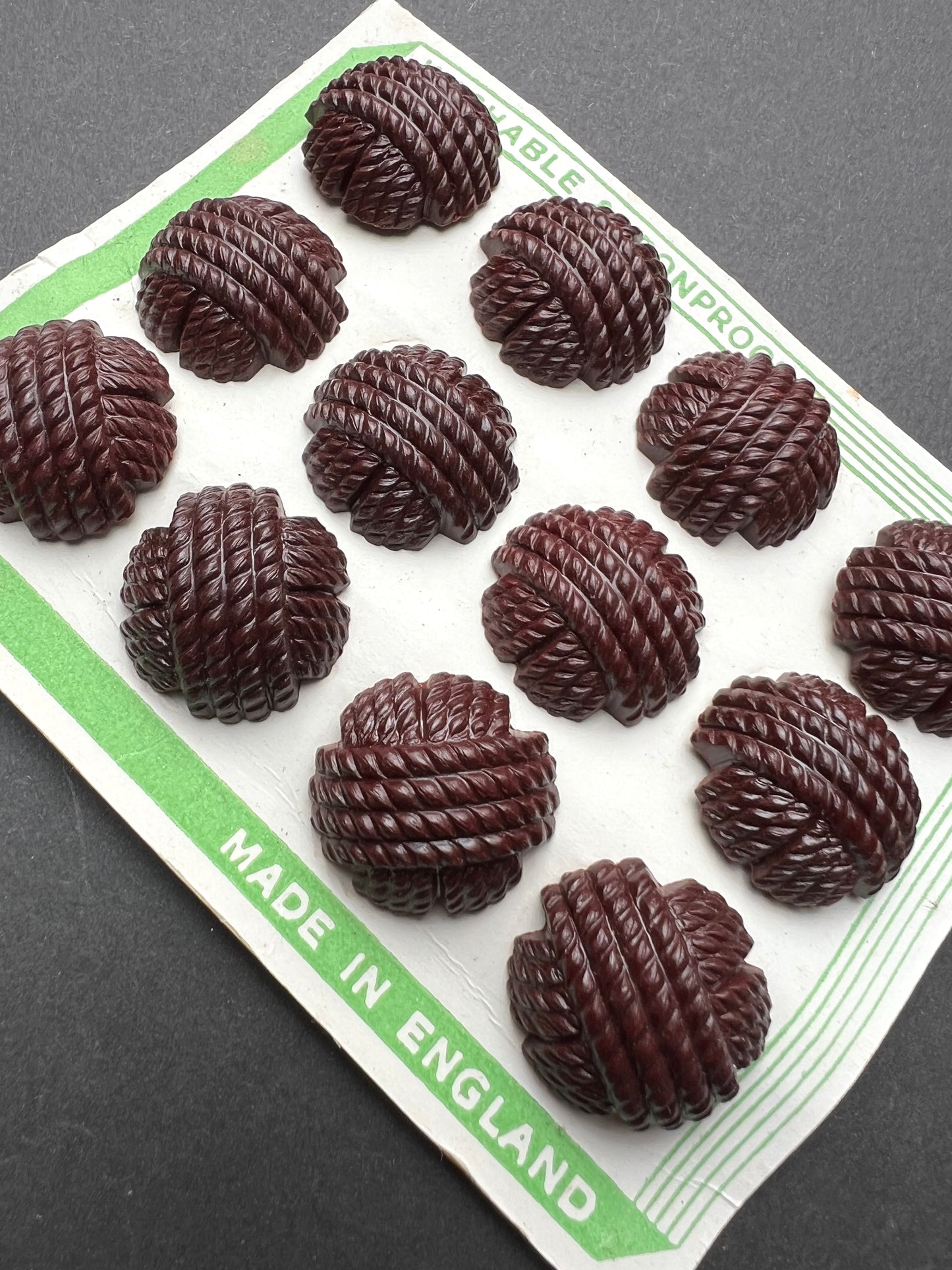 1940s Made in England Bakelite Brown Buttons -Choice of 3 Sizes - 12 on Display Card