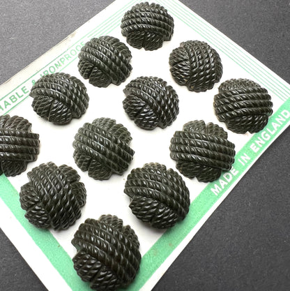 12 Greeny Brown 1940s Bakelite Woven Thread Buttons -2.2cm, 1.7cm and 1.4cm