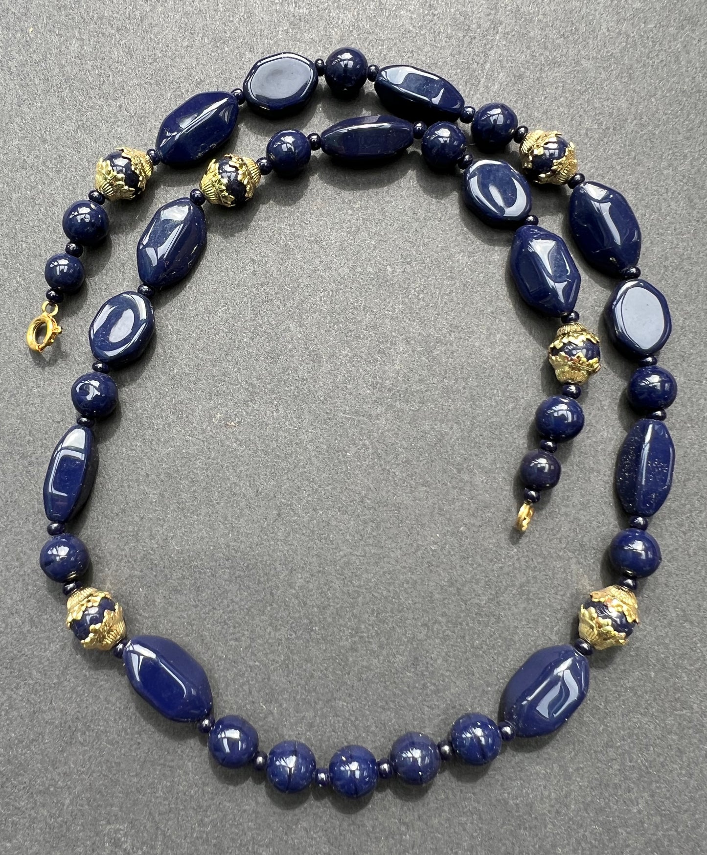 Regal Royal Blue and Gold Vintage Glass Bead Necklace - 50cm long