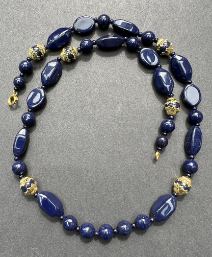 Regal Royal Blue and Gold Vintage Glass Bead Necklace - 50cm long