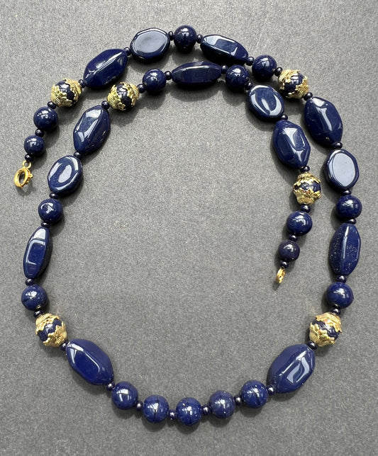 Regal Royal Blue and Gold Vintage Glass Bead Necklace - 50cm long