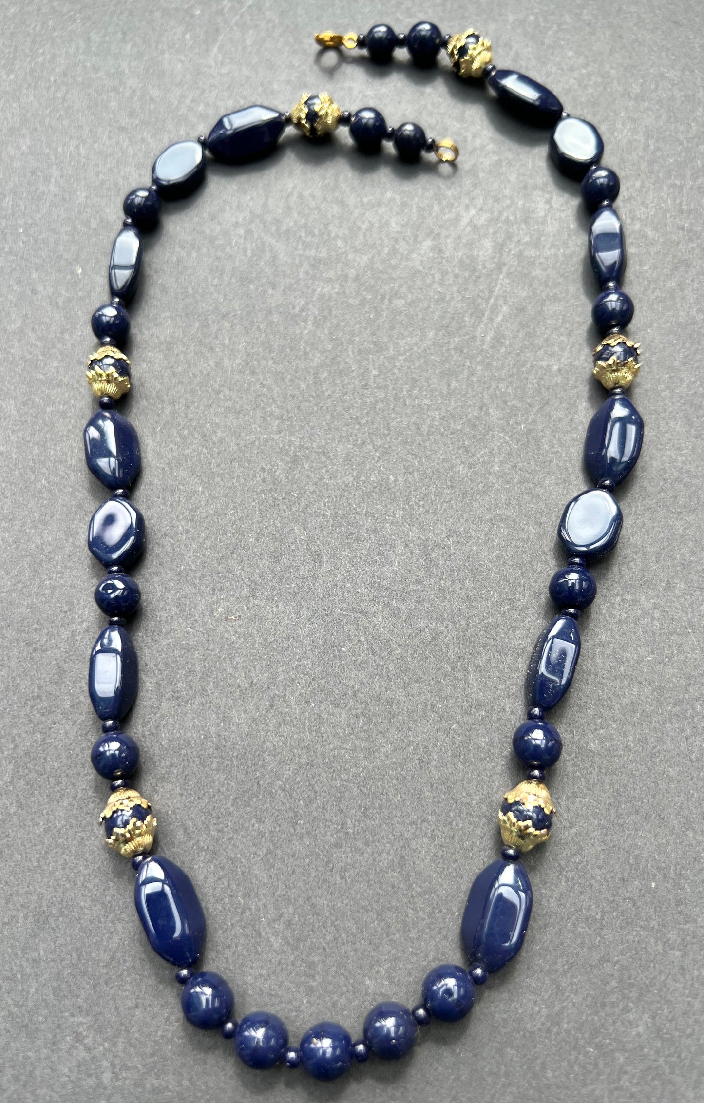 Regal Royal Blue and Gold Vintage Glass Bead Necklace - 50cm long