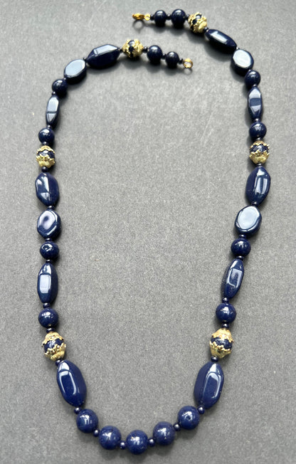 Regal Royal Blue and Gold Vintage Glass Bead Necklace - 50cm long