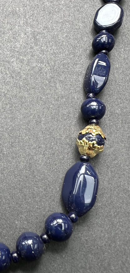 Regal Royal Blue and Gold Vintage Glass Bead Necklace - 50cm long