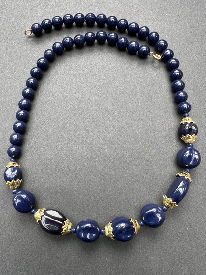 Rather Splendid Royal Blue and Gold Vintage Glass Bead Necklace - 46cm long