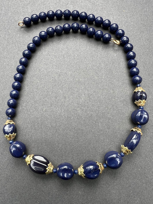 Rather Splendid Royal Blue and Gold Vintage Glass Bead Necklace - 46cm long