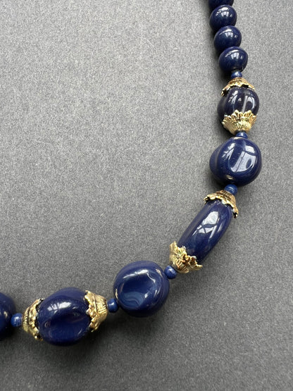 Rather Splendid Royal Blue and Gold Vintage Glass Bead Necklace - 46cm long
