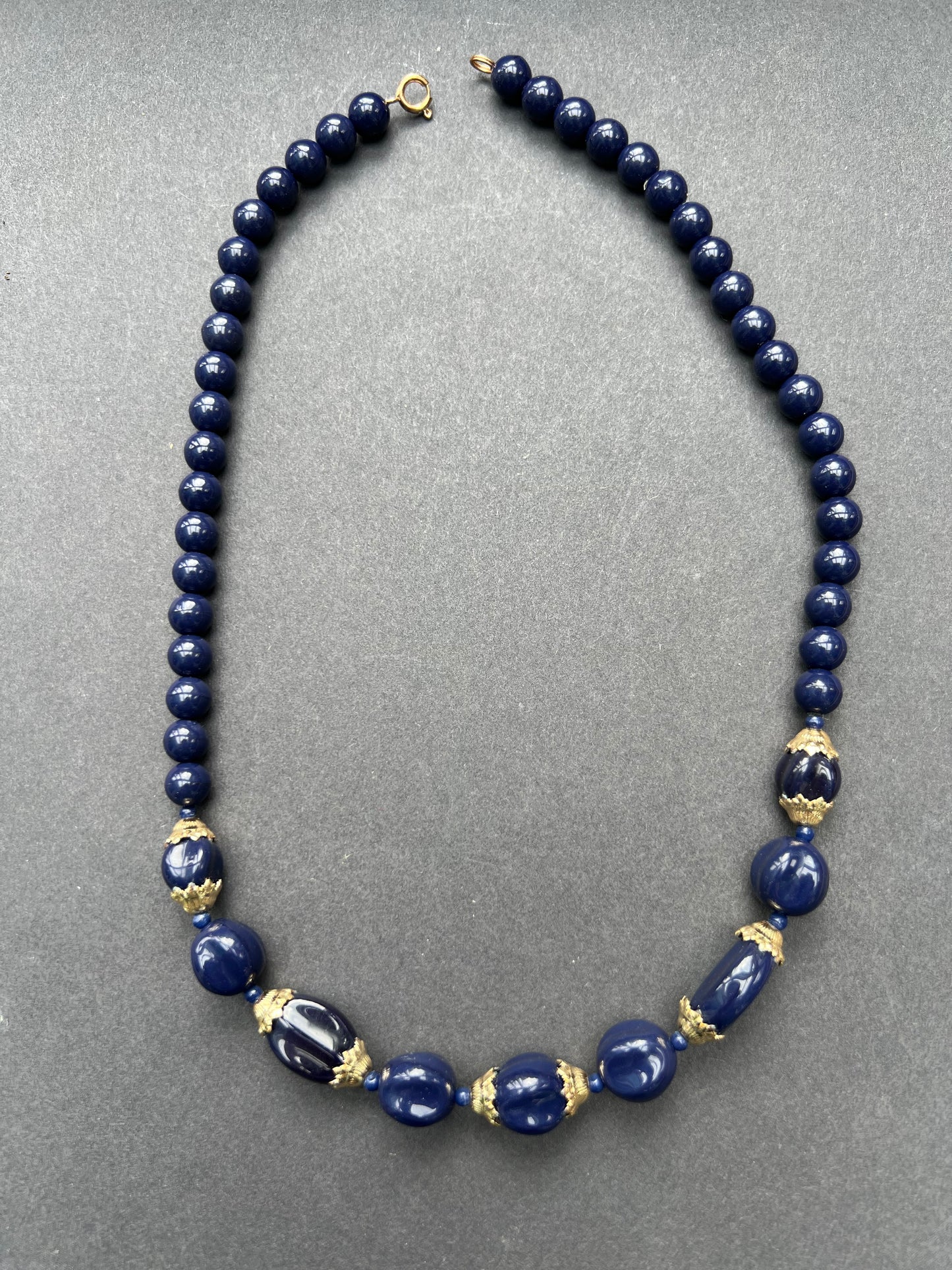 Rather Splendid Royal Blue and Gold Vintage Glass Bead Necklace - 46cm long