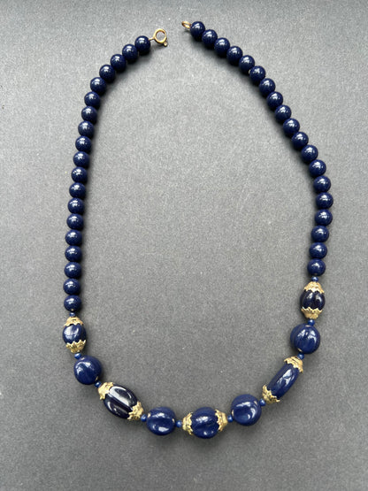 Rather Splendid Royal Blue and Gold Vintage Glass Bead Necklace - 46cm long