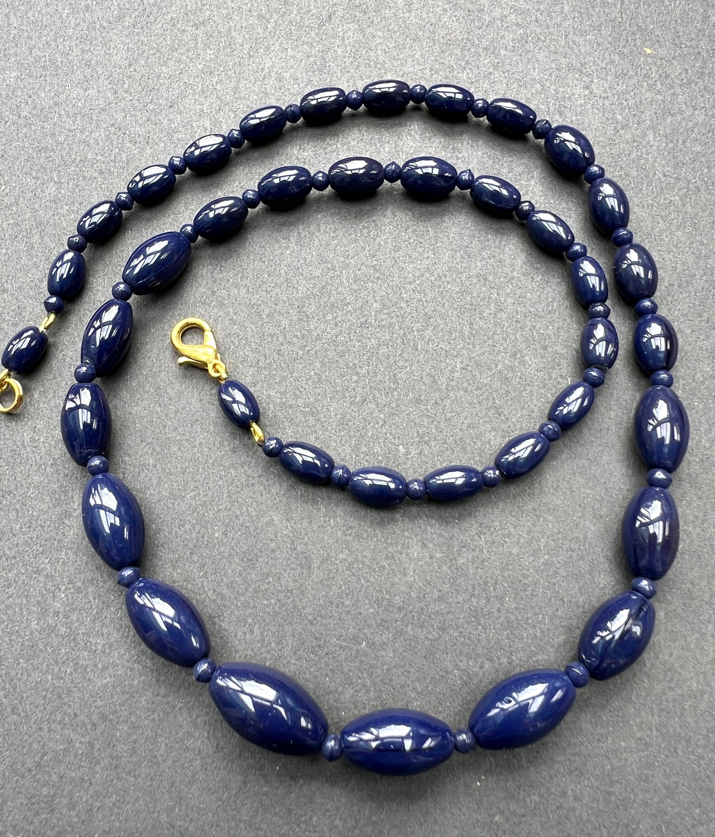 Vintage Graduated Royal Blue Oval Glass Bead Necklace
