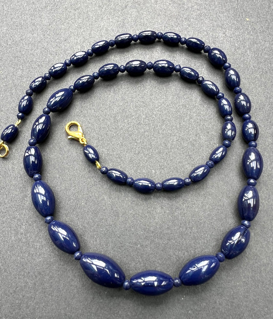 Vintage Graduated Royal Blue Oval Glass Bead Necklace