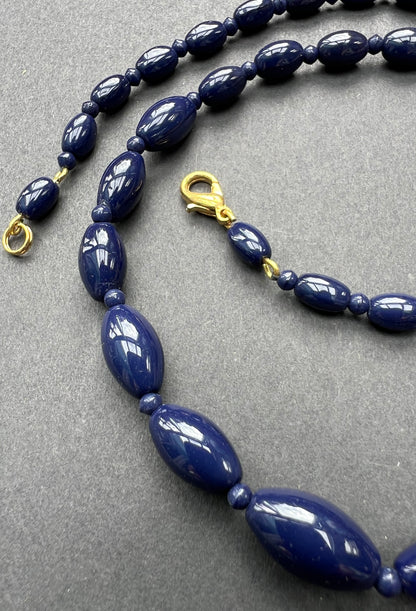 Vintage Graduated Royal Blue Oval Glass Bead Necklace