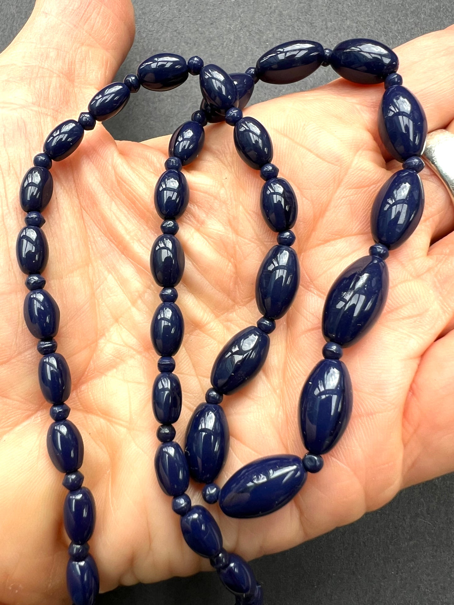 Vintage Graduated Royal Blue Oval Glass Bead Necklace