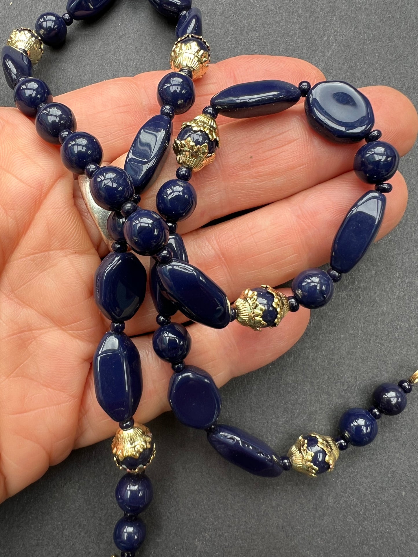 Regal Royal Blue and Gold Vintage Glass Bead Necklace - 50cm long