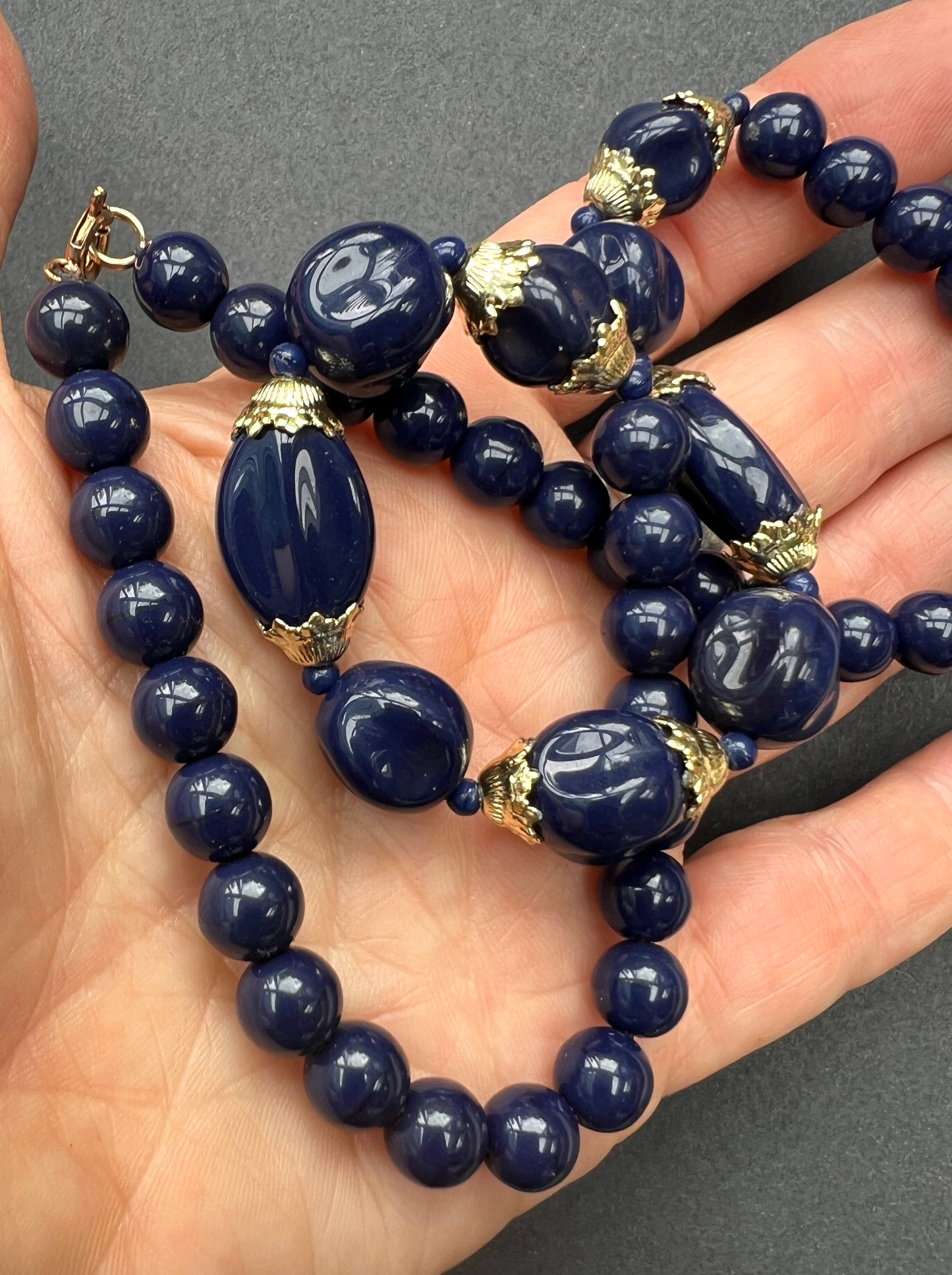 Rather Splendid Royal Blue and Gold Vintage Glass Bead Necklace - 46cm long