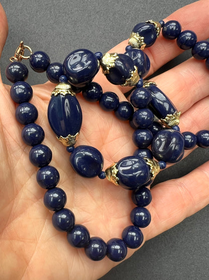 Rather Splendid Royal Blue and Gold Vintage Glass Bead Necklace - 46cm long