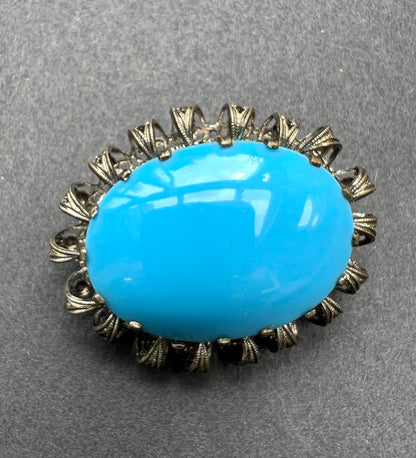 Big Mid Century Turquoise Blue Glass Brooch
