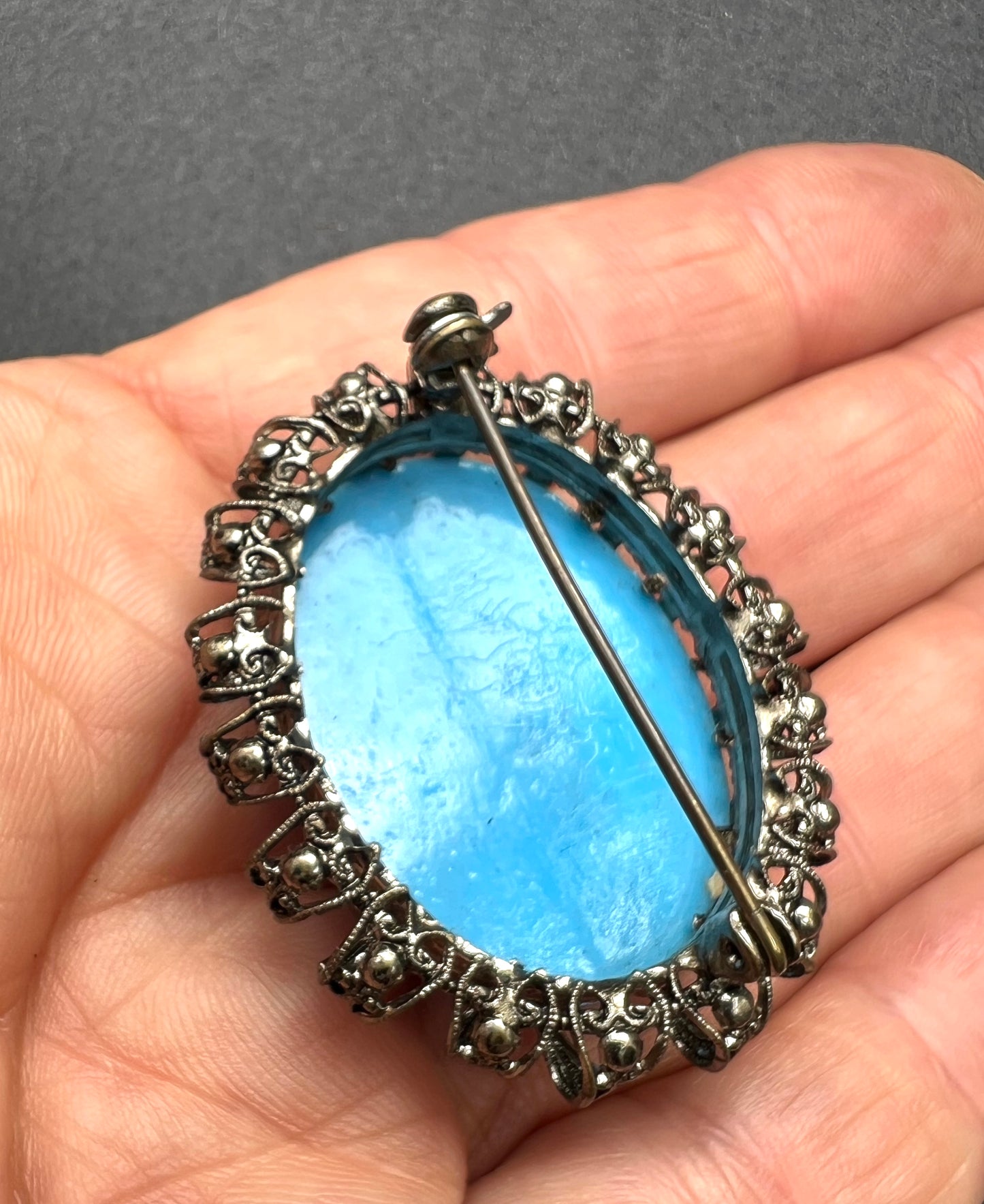 Big Mid Century Turquoise Blue Glass Brooch