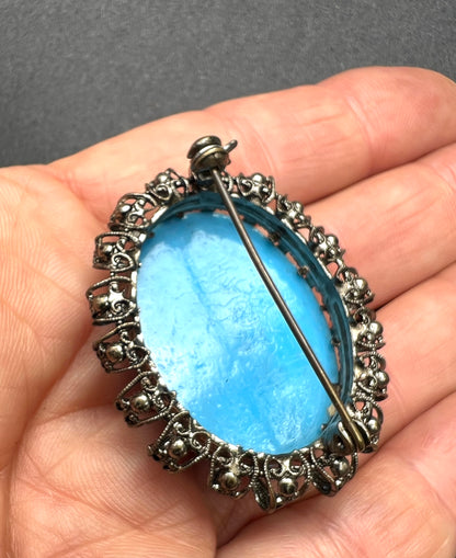 Big Mid Century Turquoise Blue Glass Brooch