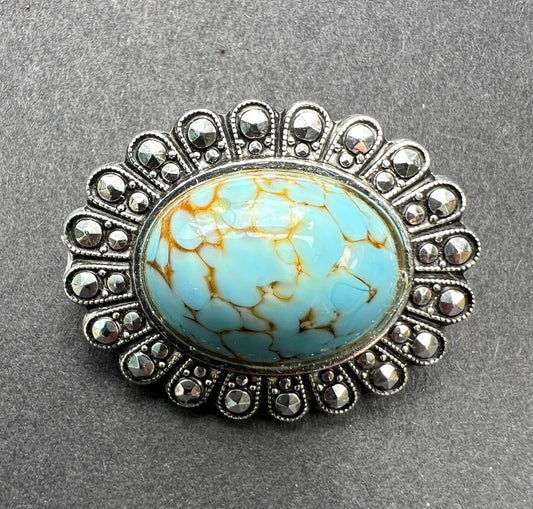 Mid Century Faux Turquoise & Marcasite Glass Brooch