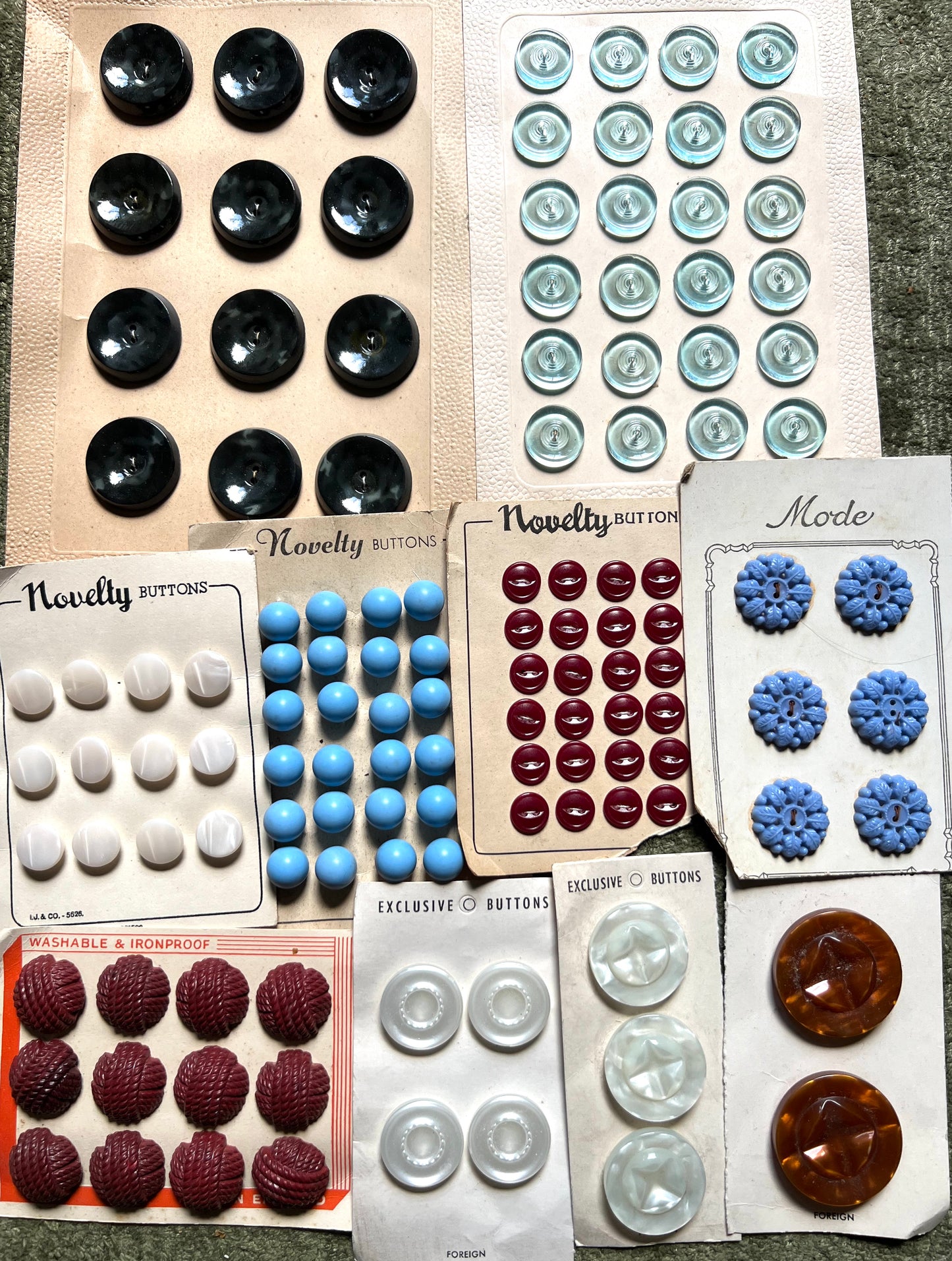 10 Sheets of Vintage Buttons - Glass, Lucite etc (D)