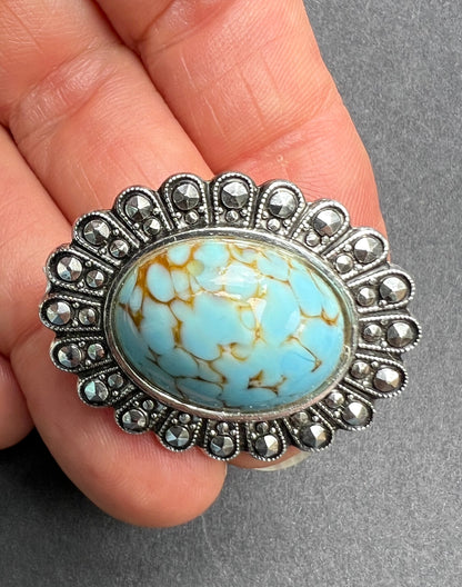 Mid Century Faux Turquoise & Marcasite Glass Brooch