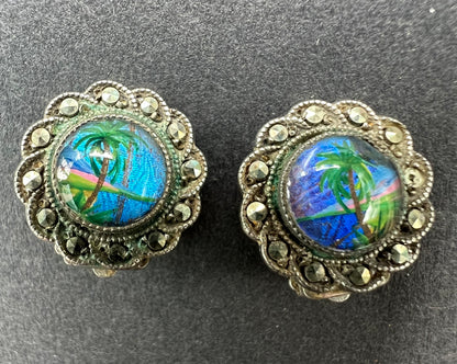 Vintage Shimmery Tropical Beach Scene set in Faux Marcasite.. Clip On Earrings