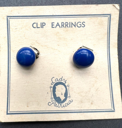 Simple Little 1930s Blue Glass Clip On Earrings