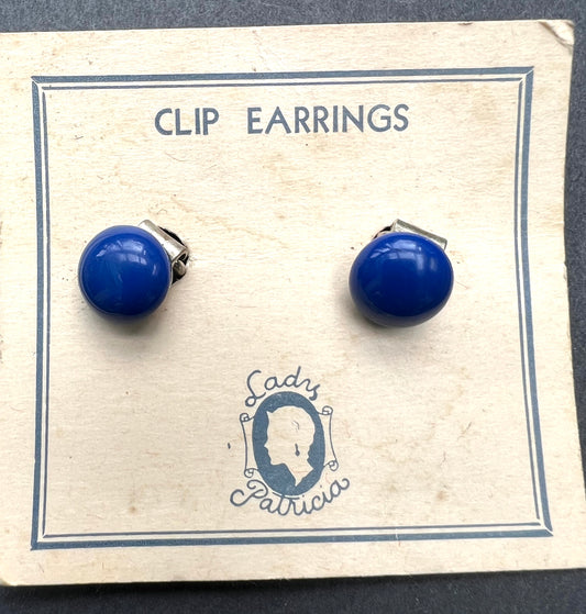 Simple Little 1930s Blue Glass Clip On Earrings