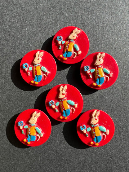 6 Vintage Italian 2cm Rabbit Buttons - Red Background