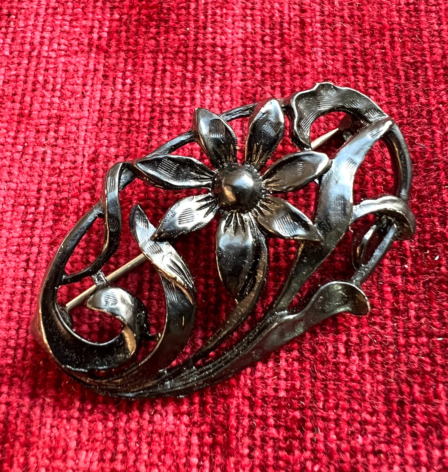 Confident 1940s Black Metal Floral Brooch  - Oval