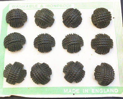 12 Racing Green 1940s Bakelite Woven Thread Buttons -3 sizes