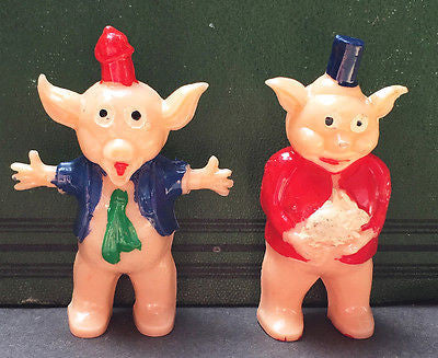 Vintage 1950s Toy Pigs - 2 of them..holding a Rabbit... well Why Not ?