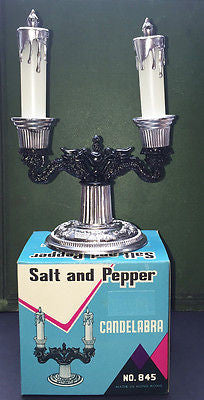 Kitsch 1950/60s Baroque Candelabra Salt & Pepper Set- Boxed -Old Shop Stock